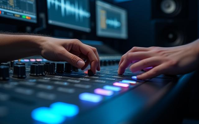 Manos ajustando un ecualizador en una consola de sonido profesional.