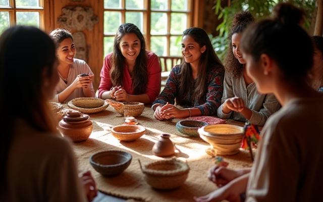 Grupo de personas conversando animadamente en un taller, con materiales artesanales sobre una mesa.